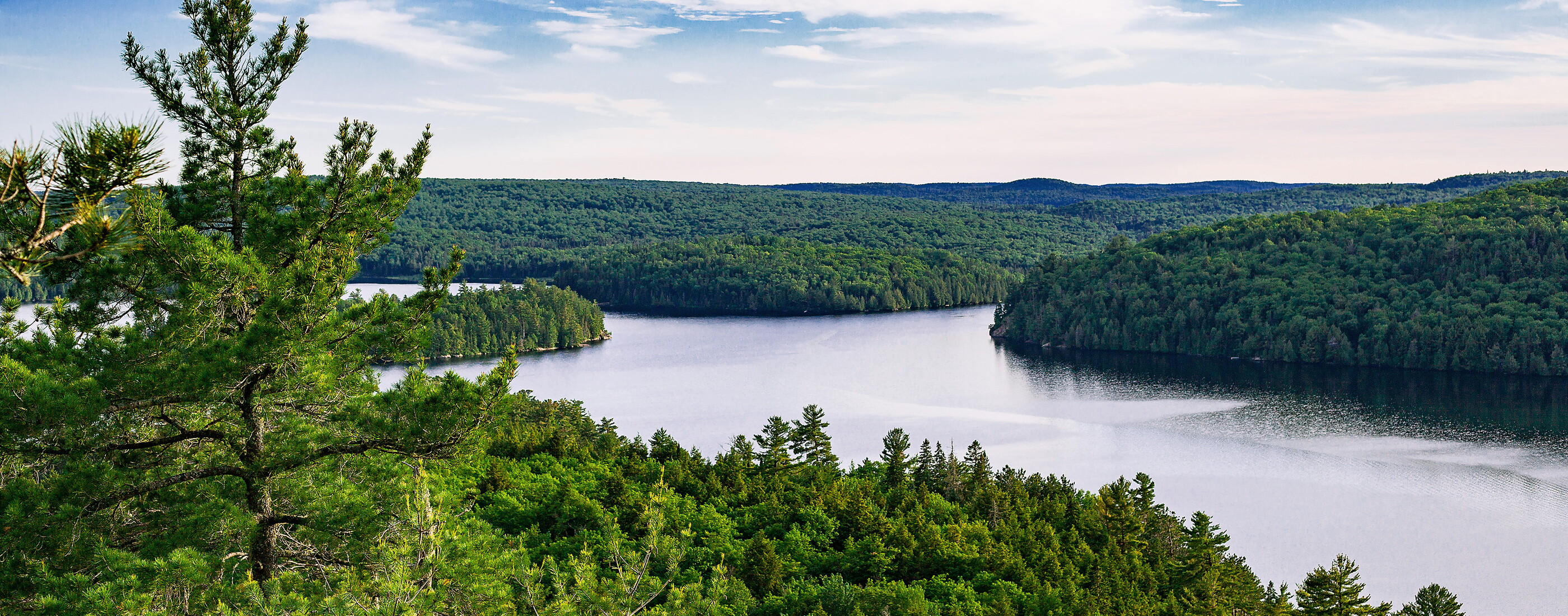 Blick von einer bewaldeten Anhöhe auf einen Stausee zwischen grünen Waldhügeln unter blauem Himmel mit Wolken.