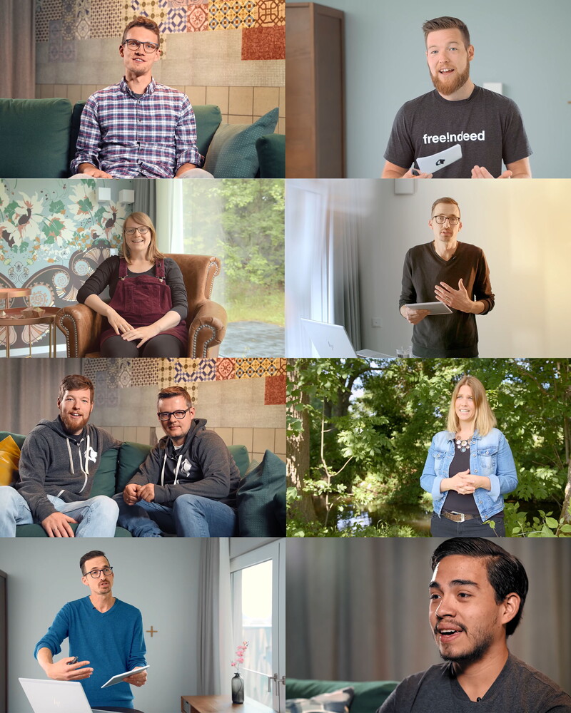 Collage aus acht Standbildern der Interviewfilme für freeindeed: Verschiedene Menschen erzählen auf Sofas, in Sesseln, im Freien oder vor heller Wand ihre Geschichten.